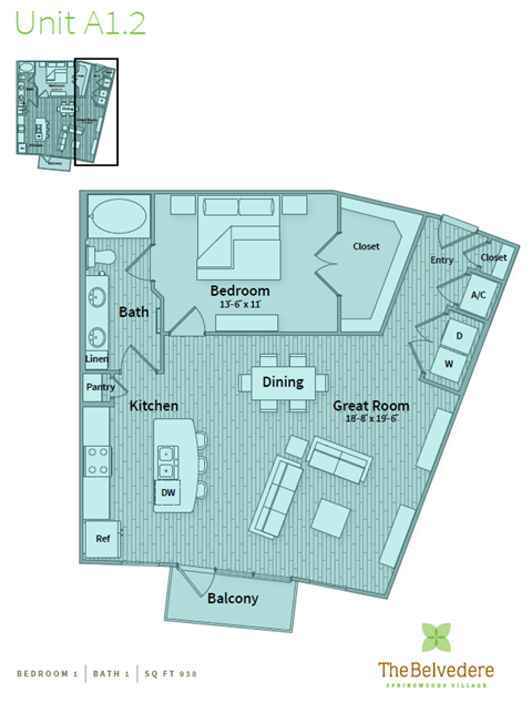 Floor plan for 1 bed, 1 bath, 938 sqft